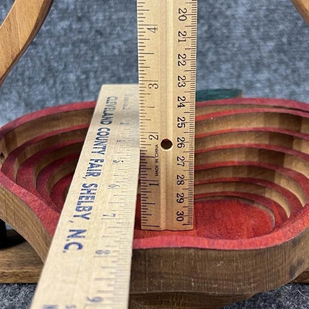 Folding Wooden Red Apple Shaped Fruit Bowl Basket Trivet Collapsible Standing